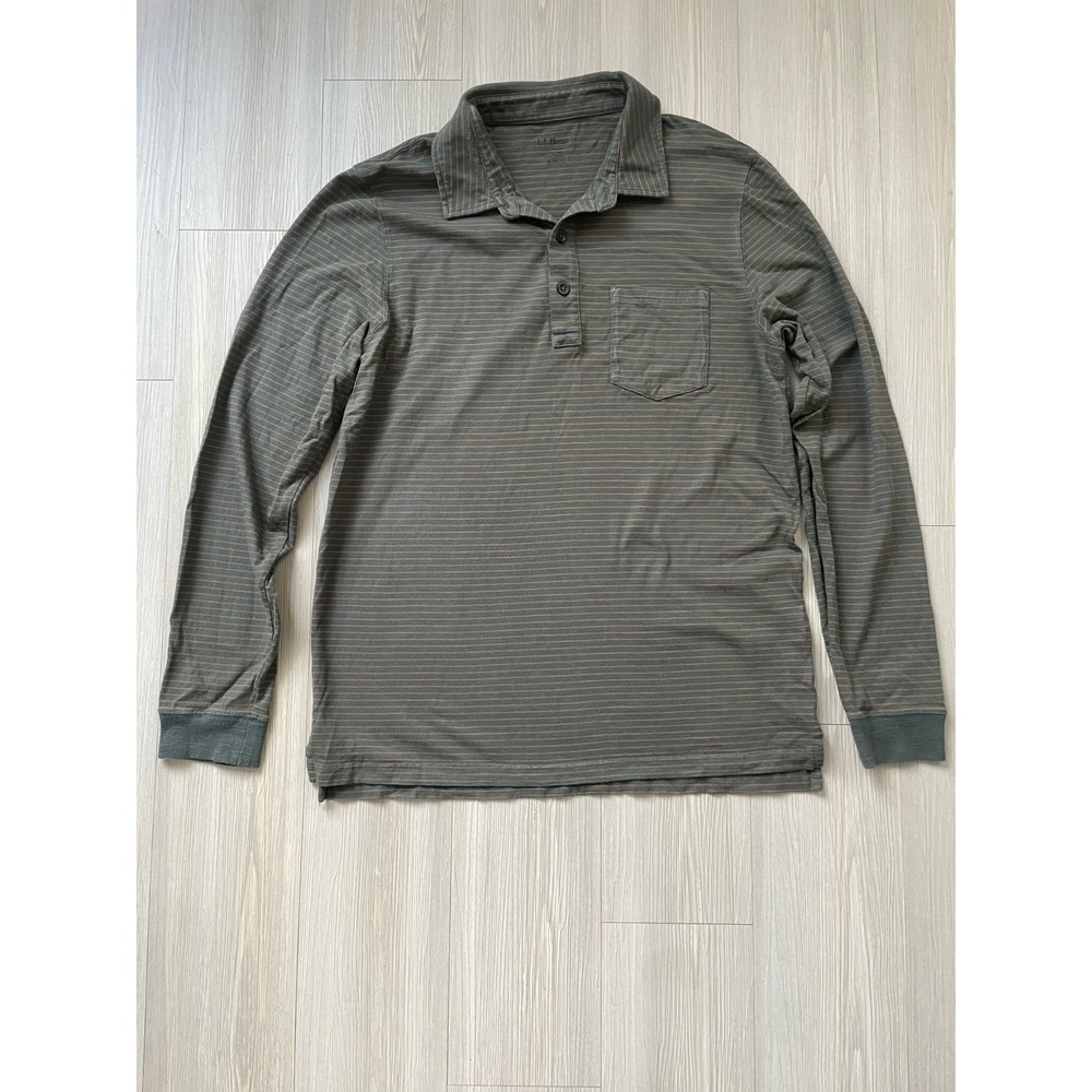 L.L. Bean Men's Vintage Green Striped Long Sleeve Polo Size M Slightly Fitted